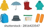 A colorful flat vector collection of rain protective clothing and outdoor equipment, featuring a yellow raincoat, patterned umbrella, rubber boots, poncho, blue backpack, bucket hat, waterproof notebook case, and leg gaiters. Perfect for monsoon promotions, outdoor activity blogs, weather forecast graphics, and autumn travel gear catalogs.