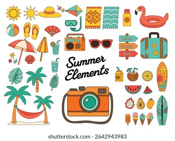Colorful flat vector collection of summer design elements including juice, swimwear, sunglasses, palm trees, and tropical beach icons.
