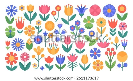 Colorful flat vector collection of various decorative flowers in bloom with geometric shapes and vibrant petals, displayed on a white background