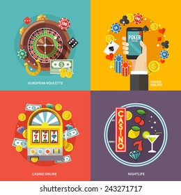 Colorful flat vector concept composition. Quality design illustrations, elements and concept. European roulette. Poker online. Casino online. Nightlife.