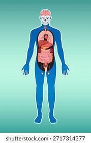 Farbiges, flaches Vektordiagramm der menschlichen Körperanatomie mit inneren Organen auf Farbverlauf-Hintergrund