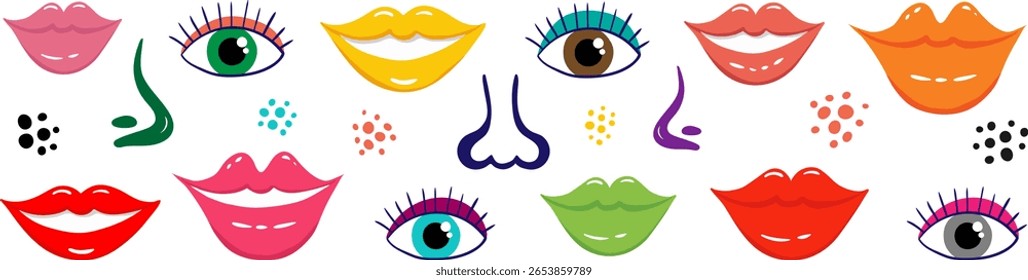 características faciais coloridas do vetor plano definir olhos isolados lábios narizes sorrisos elementos gráficos modernos para web design e decoração