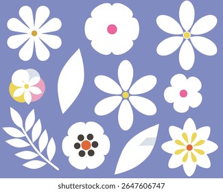 Colorful flat vector floral clipart set featuring whimsical spring flowers and leaves. Perfect for fabric design, packaging, scrapbooking, and seasonal decorations.
