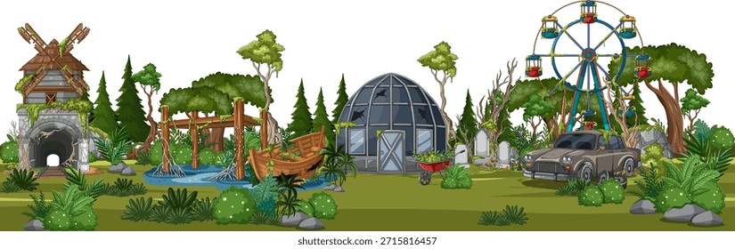 Vector plano colorido del parque de atracciones del bosque, cabañas, noria, y puente de madera