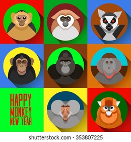 Colorful flat vector Happy Monkey New Year face set, a symbol of the 2016 new year, various primates, marmoset, lemur, chimpanzees, gorilla, snub-nosed Chinese monkey, baboon, orangutan. New Year card