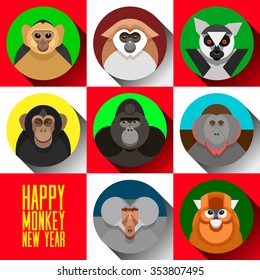 Colorful flat vector Happy Monkey New Year face set, a symbol of the 2016 new year, various primates, marmoset, lemur, chimpanzees, gorilla, snub-nosed Chinese monkey, baboon, orangutan. New Year card