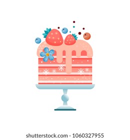 Colorful flat vector icon of chilled pink cake decorated with strawberries, blueberries and blue flower.