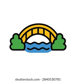 A colorful flat vector icon featuring a yellow arched bridge over blue water, flanked by green trees on both sides.