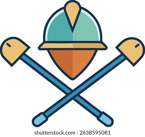 Colorful flat vector icon of a miner helmet and crossed shovels. Perfect for construction, mining, safety, or industrial-themed designs. Modern graphic symbol for labor and engineering visuals.