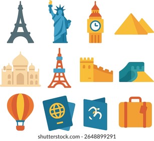 A colorful flat vector icon pack featuring global landmarks like the Eiffel Tower, Statue of Liberty, Big Ben, Pyramids, Taj Mahal, Great Wall of China, travel documents, luggage, and hot air balloon.