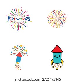 Colorido conjunto de iconos de Vector plano con fuegos artificiales, cohetes de lanzamiento y explosiones. Perfecto para la víspera del Nuevo año, el Día de la Independencia y los temas de celebración.