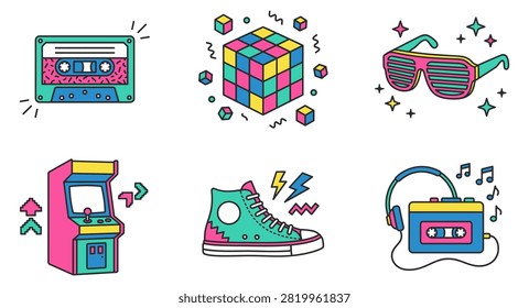 Colorful flat vector icon set featuring a cassette tape, twisty puzzle, sunglasses, arcade machine, sneaker and portable music player inspired by 1980s culture.