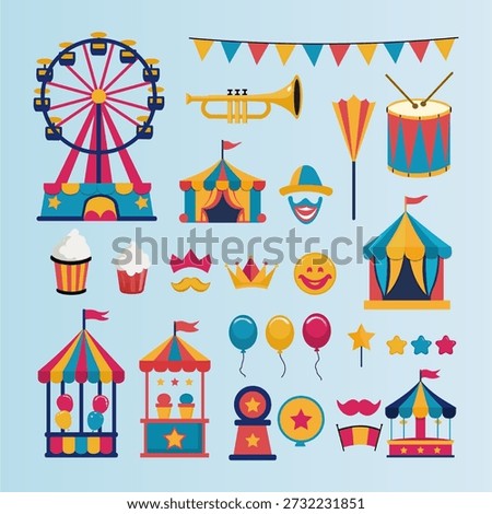 Colorful flat vector icon set featuring carnival and circus elements such as ferris wheel, tents, balloons, drums, trumpets, flags, masks, popcorn, and festive decorations. Perfect for festival designs, party themes, events, posters, banners, mobile apps, and web interfaces. Fully editable EPS vector illustration.