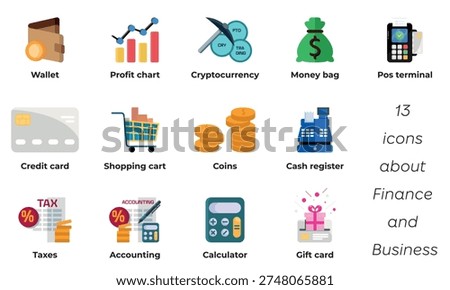 Colorful flat vector icon set for business and finance includes wallet, profit chart, cryptocurrency, money bag, credit card, shopping cart, coins, taxes, accounting, calculator, other. Vector EPS 10