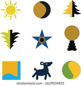 Colorful Flat Vector Icons, Nature Animal and Symbolic Graphic Set
