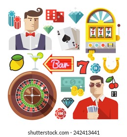 Colorful flat vector icons set for web and mobile apps. Quality design illustrations, elements and concept. Gambling icons, casino icons, money icons, poker icons.