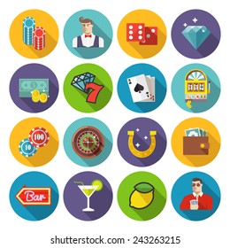 Colorful flat vector icons set. Quality design illustrations, elements and concept. Gambling icons, casino icons, money icons, poker icons.Set #2.