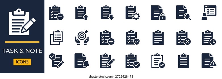 Farbige flache Vektorsymbole für die Aufgabenverwaltung und Notizen. Funktionen Checkliste, Zwischenablage und Produktivitätssymbole für die Business-App-Schnittstelle.
