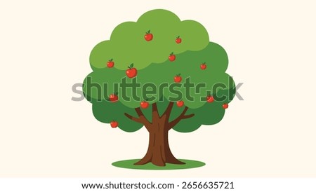 Colorful flat vector illustration of an apple tree with a lush green canopy and bright red apples. Perfect for educational materials, Isolated on a white background for easy use.