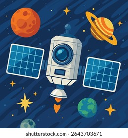 Ilustração de vetor plano colorido de um satélite artificial voando pelo espaço, rodeado por planetas, estrelas e galáxias em um fundo cósmico azul escuro