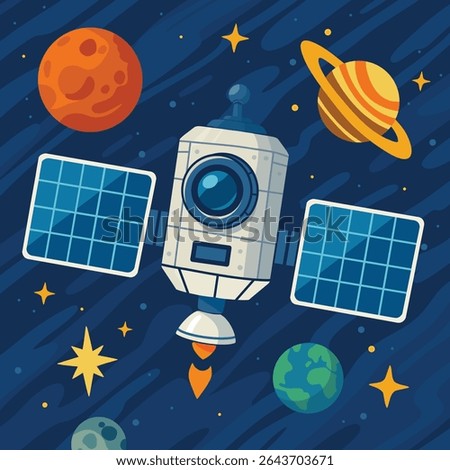 Colorful flat vector illustration of an artificial satellite flying through space, surrounded by planets, stars, and galaxies on a dark blue cosmic background