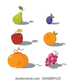 Colorful, flat vector illustration of autumn fruits – green pear, purple plum, crimson apple, red grape, ginger pumpkin, and an orange