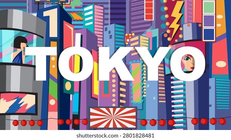 A colorful flat vector illustration of a busy Japanese metropolis with neon signs and skyscrapers.