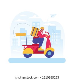 Colorful flat vector illustration of cartoon delivery man character riding scooter on streets of city representing fast restaurant food delivery service