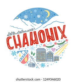 Colorful flat vector illustration of Chamonix. Round winter pattern with the main symbols of Chamonix with isolated elements. Can be used as a sticker, print for t shirts, posters, cards, articles
