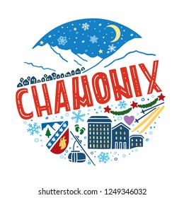 Colorful flat vector illustration of Chamonix. Round winter pattern with the main symbols of Chamonix with isolated elements. Can be used as a sticker, print for t shirts, posters, cards, articles
