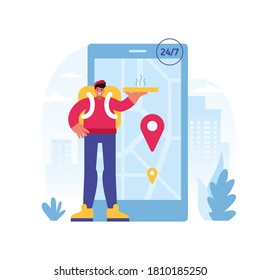 Colorful flat vector illustration of cheerful cartoon male courier character delivering hot pizza representing 24 7 online food ordering and delivery service