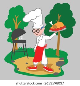 Colorful flat vector illustration of a cheerful chef cooking barbecue on a grill in the park. Suitable for summer cooking themes, outdoor food events, family gatherings, and culinary design projects. 