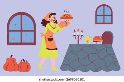 Colorful flat vector illustration of a cheerful woman baking a homemade pie in a cozy autumn kitchen.