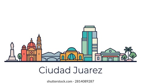 A colorful flat vector illustration of the Ciudad Juarez skyline featuring prominent architectural landmarks and monuments on a white background.