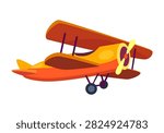 A colorful flat vector illustration of a classic biplane airplane isolated on a white background.