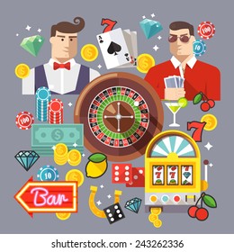 Concepto colorido de ilustración vectorial plana. Diseño plano de calidad. Iconos de juego, iconos de casino, iconos de dinero, iconos de póquer.