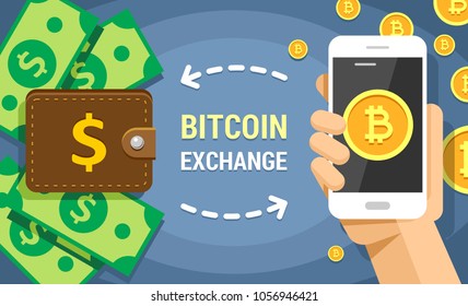 Colorful flat vector illustration of cryptocurrency bitcoin exchanging on dollar cash. Mobile phone holded by human hand with bitcoins transferring into the wallet and back