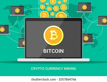 Colorful flat vector illustration of cryptocurrency bitcoin world mining. Laptops with bitcoins mining all around the world