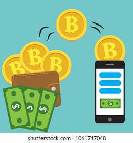 Colorful flat vector illustration of cryptocurrency bitcoin exchanging on dollar cash. Mobile phone holded by human hand with bitcoins transferring into the wallet and back