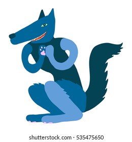 Colorful flat vector illustration of cute, playful, mischievous dark blue wolf sitting, grinning and rubbing his paws. Character concept, kids illustration. Evil, bad, negative character.