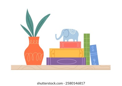 Colorful flat vector illustration of a decorative bookshelf arrangement. Features a vibrant orange vase with green leaves, a stack of multicolored books, and a small blue elephant figurine.