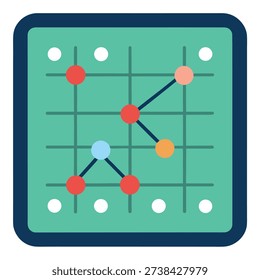 A colorful flat vector illustration depicting a grid with colored nodes and connecting lines, representing pathfinding or strategy.