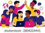 A colorful flat vector illustration of a diverse and multicultural group of young creative professionals collaborating around laptops. Featuring international team members high-fiving, discussing projects, and smiling with decorative icons like a globe, speech bubbles, and books. Ideal for concepts regarding global teamwork, remote work unity, inclusivity, modern business office workspace, and youth education.