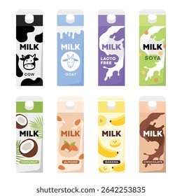 Colorful flat vector illustration of eight different beverage cartons, including animal-based and plant-based options. Features cow, goat, lactose-free, soy, coconut, almond, banana