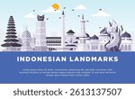 Colorful flat vector illustration of famous Indonesian landmarks with modern skyline, cultural elements, and traditional architecture. Perfect for tourism, education, and editorial use