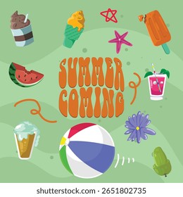 Colorful flat vector illustration featuring the text "Summer Coming" surrounded by playful summer-themed elements such as ice cream, popsicles, watermelon, drinks, flowers, beach ball, and starfish