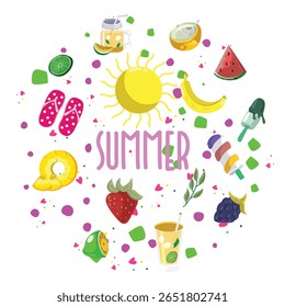 Colorful flat vector illustration featuring various summer-themed elements such as sun, fruits (banana, strawberry, grape, lime, watermelon), tropical drinks, flip-flops, popsicle, inflatable ring