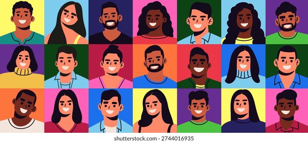 Colorful flat vector illustration featuring a diverse group of smiling men and women in a square grid layout. Modern cartoon style avatars representing multicultural community, inclusion, equality, and social diversity. Ideal for social media, websites, apps, marketing materials, posters, and branding projects focused on representation and teamwork.