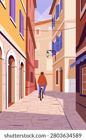A colorful flat vector illustration featuring a cyclist riding through a narrow European old town street lined with historic buildings, pastel facades, and classic architecture. Ideal for travel, tourism, urban lifestyle, cityscape, transportation, vacation, and editorial or commercial design projects.