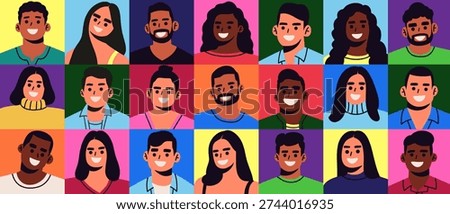 Colorful flat vector illustration featuring a diverse group of smiling men and women in a square grid layout. Modern cartoon style avatars representing multicultural community, inclusion, equality, and social diversity. Ideal for social media, websites, apps, marketing materials, posters, and branding projects focused on representation and teamwork.